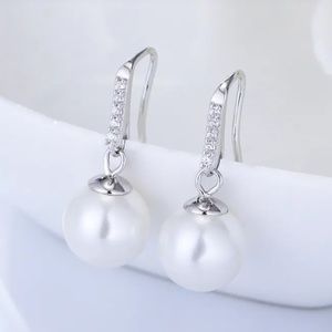 Sterling Silver Pearl CZ Drop Earrings